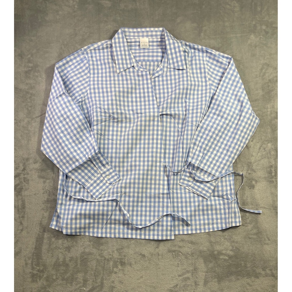Avon Button Down Shirt Womens 3X Blue New Gingham Cotton Long Sleeve Tie Waist